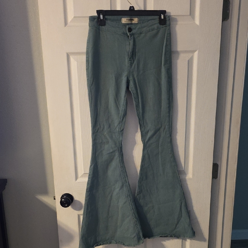 Wide Leg Flare Jeans in Green